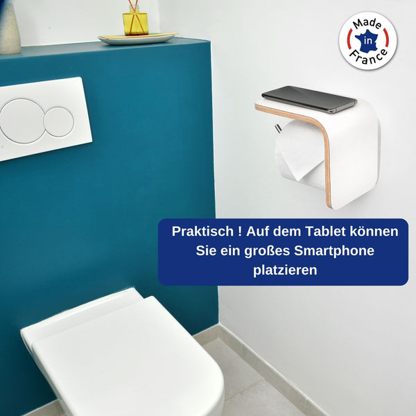 Wandmontierter Toilettenpapierhalter aus Holz Weißem mit Ablagefläche - Klopapierhalter mit Ablage - WC-Rollenhalter